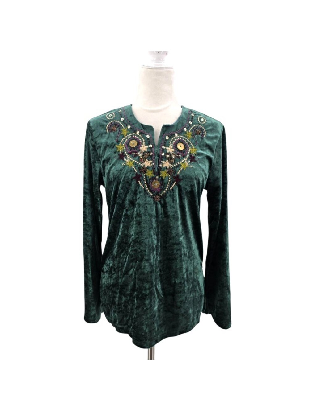 Dimri Womens Small Top Crushed Velvet Embroidered Sequin Green Tunic Boho Hippie